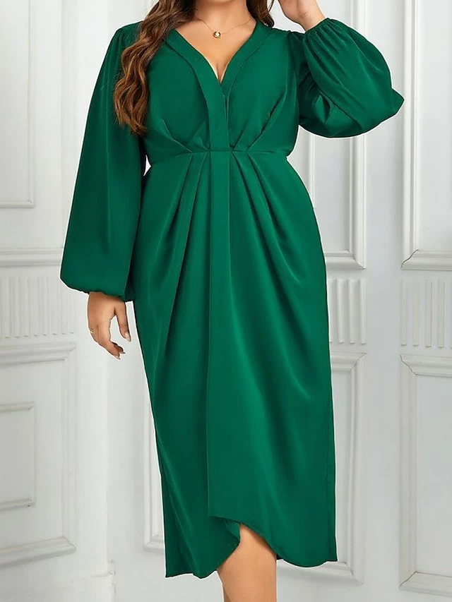Women's Plus Size Curve Party Dress Casual Dress Sheath Dress Plain Midi Dress Long Sleeve Ruched V Neck Fashion Outdoor Green Fall Winter XL XXL 3XL 4XL 3 Women's Plus Size Curve Party Dress Casual Dress Sheath Dress Plain Midi Dress Long Sleeve Ruched V Neck Fashion Outdoor Green Fall Winter XL XXL 3XL 4XL