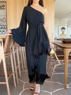 Women‘s Prom Dress Party Dress Wedding Guest Dress Black Dress Long Dress Maxi Dress Long Sleeve Pure Color Tassel Fringe Spring Fall Winter One Shoulder Fashion Winter Dress Evening Party