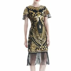Women's Retro 1920s Fringe Dress Midi Dress Party Halloween Sequins Tassel Fringe Floral V Neck Short Sleeve Regular Fit Spring Fall 2023 Silver Black S M L XL