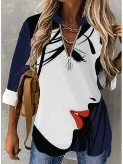 Women's Shirt Blouse Black White Navy Blue Portrait Quarter Zip Print Long Sleeve Daily Weekend Streetwear Casual Standing Collar V Neck Regular Fit Portrait Spring Fall -LIGHTINTHEBOX Shop ofjswk1664419712888
