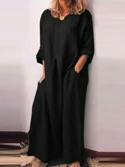 Women's Casual Dress Cotton Linen Dress Black Dress Maxi Long Dress Linen / Cotton Blend Fashion Daily Outdoor Daily Vacation Crew Neck Button Pocket 3/4 Length Sleeve Fall Autumn 2023 Loose Fit -LIGHTINTHEBOX Shop ofmtwm1693202319643