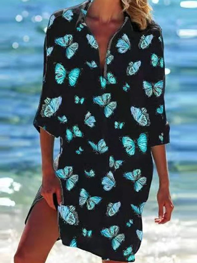 Women's Shirt Dress Beach Dress Beach Wear Mini Dress Button Pocket Fashion Casual Butterfly Turndown 3/4 Length Sleeve Loose Fit Outdoor Daily Black Green 2023 Spring Summer S M L XL 6 Women's Shirt Dress Beach Dress Beach Wear Mini Dress Button Pocket Fashion Casual Butterfly Turndown 3/4 Length Sleeve Loose Fit Outdoor Daily Black Green 2023 Spring Summer S M L XL - Image 4