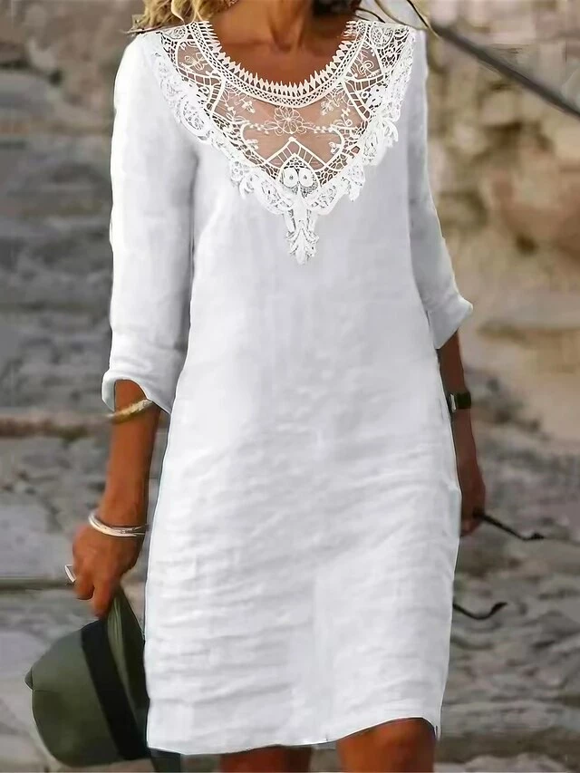 Women's Casual Dress Cotton Linen Dress Lace Dress Midi Dress Polyester Basic Classic Outdoor Daily Vacation V Neck Lace Patchwork 3/4 Length Sleeve Summer Spring Fall 2023 Regular Fit White Plain S 3 Women's Casual Dress Cotton Linen Dress Lace Dress Midi Dress Polyester Basic Classic Outdoor Daily Vacation V Neck Lace Patchwork 3/4 Length Sleeve Summer Spring Fall 2023 Regular Fit White Plain S