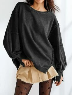 Hoodie Women's Black White Army Green Solid / Plain Color Split Daily Fashion Round Neck Loose Fit S -LIGHTINTHEBOX Shop ogtecg1697798988485