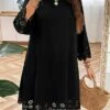 Women's Plus Size Curve Casual Dress Black Dress A Line Dress Solid Color Midi Dress 3/4 Length Sleeve Lace Up Cut Out Crew Neck Fashion Outdoor Black Summer Spring L XL XXL 3XL 4XL -LIGHTINTHEBOX Shop ogusso1677726583068