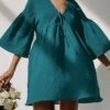 Women's Casual Dress Cotton Dress Swing Dress Mini Dress Cotton Fashion Modern Outdoor Daily Holiday V Neck Lace Up Ruched 3/4 Length Sleeve Fall Winter Autumn 2023 Loose Fit Light Green Blue Purple