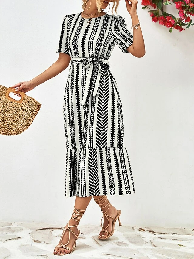 Women's Casual Dress A Line Dress Summer Dress Stripe Lace Up Print Crew Neck Midi Dress Fashion Streetwear Outdoor Street Short Sleeve Regular Fit Black Yellow Summer Spring S M L XL 4 Women's Casual Dress A Line Dress Summer Dress Stripe Lace Up Print Crew Neck Midi Dress Fashion Streetwear Outdoor Street Short Sleeve Regular Fit Black Yellow Summer Spring S M L XL - Image 2