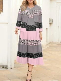 Women's Plus Size Curve Casual Dress Dress Set Two Piece Dress Stripe Midi Dress Long Sleeve Print Crew Neck Fashion Outdoor Pink Fall Winter L XL XXL 3XL 4XL