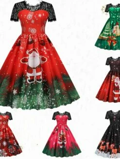 Women's Christmas Swing Dress Vintage DressKnee Length Dress Green Wine Dark Green Fuchsia Red Black Short Sleeve Santa Claus Snowman Snowflake Lace Print Fall Winter V Neck Vacation Vintage 2022 S