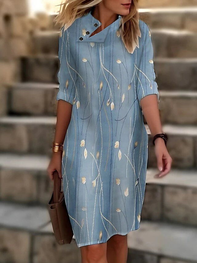 Women's Casual Dress Cotton Linen Dress Shift Dress Midi Dress Polyester Fashion Casual Daily Outdoor Daily Vacation Turtleneck Button Print 3/4 Length Sleeve Summer Spring Fall 2023 Loose Fit Black 5 Women's Casual Dress Cotton Linen Dress Shift Dress Midi Dress Polyester Fashion Casual Daily Outdoor Daily Vacation Turtleneck Button Print 3/4 Length Sleeve Summer Spring Fall 2023 Loose Fit Black - Image 3