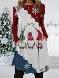 Women's Christmas Work Dress Casual Dress Fashion Winter DressDaily Midi Dress Pocket Print Crew Neck Long Sleeve Santa Claus Snowflake Regular Fit Black Wine Navy Blue Fall Winter S M L XL XXL