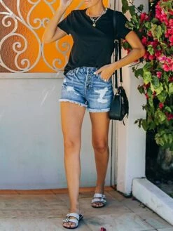 Women's Jeans Shorts Denim Blue Mid Waist Fashion Weekend Streetwear Tassel Fringe Side Pockets Micro-elastic Short Comfort Solid Color S M L XL XXL / Cut Out -LIGHTINTHEBOX Shop okmxbi1650877673672