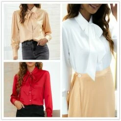 Women's Blouse White Red Light Brown Plain Sparkly Lace Up Long Sleeve Work Daily Streetwear Shirt Collar Regular Silk Like Satin S