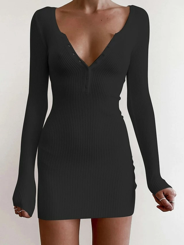 Women's Sheath Dress White Dress Mini Dress Black White Long Sleeve Pure Color Slim Fall Spring Autumn V Neck Fashion Winter Dress Daily Fall Dress 2023 S M L XL 5 Women's Sheath Dress White Dress Mini Dress Black White Long Sleeve Pure Color Slim Fall Spring Autumn V Neck Fashion Winter Dress Daily Fall Dress 2023 S M L XL - Image 3