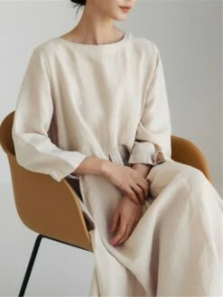 Women's Cotton Linen Dress Casual Dress Swing Dress Maxi Long Dress Cotton Blend Basic Classic Outdoor Daily Crew Neck Pocket Smocked Long Sleeve Summer Spring Fall 2023 Loose Fit Black Yellow Green -LIGHTINTHEBOX Shop olfudn1673850088793