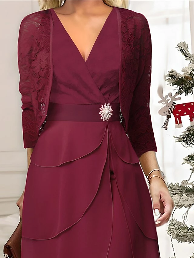 Women's Two Piece Dress Set Party Dress Lace Dress Party Office Fashion Elegant Lace Ruffle Midi Dress V Neck 3/4 Length Sleeve Plain Regular Fit Red Fall Winter S M L XL XXL 4 Women's Two Piece Dress Set Party Dress Lace Dress Party Office Fashion Elegant Lace Ruffle Midi Dress V Neck 3/4 Length Sleeve Plain Regular Fit Red Fall Winter S M L XL XXL - Image 2