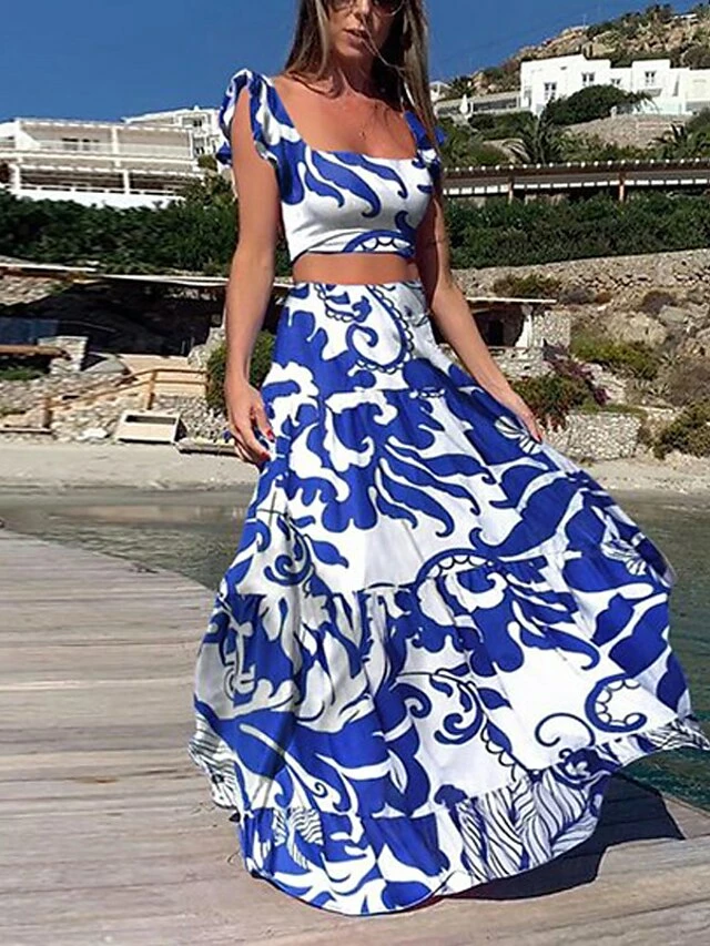 Women's Crop Top Tank Top Skirt Sets Distressed Blue Yellow Holiday Vacation Floral Ruffle Print Off Shoulder S M L XL XXL 7 Women's Crop Top Tank Top Skirt Sets Distressed Blue Yellow Holiday Vacation Floral Ruffle Print Off Shoulder S M L XL XXL - Image 5