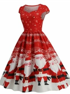 Women's Christmas Swing Dress Vintage DressKnee Length Dress Blue Wine Red Light BlueShort Sleeve Santa Claus Snowman Tree Print Fall Winter Square Neck Vintage Elegant Slim 2022 S M L XL -LIGHTINTHEBOX Shop omecgb1665475225473