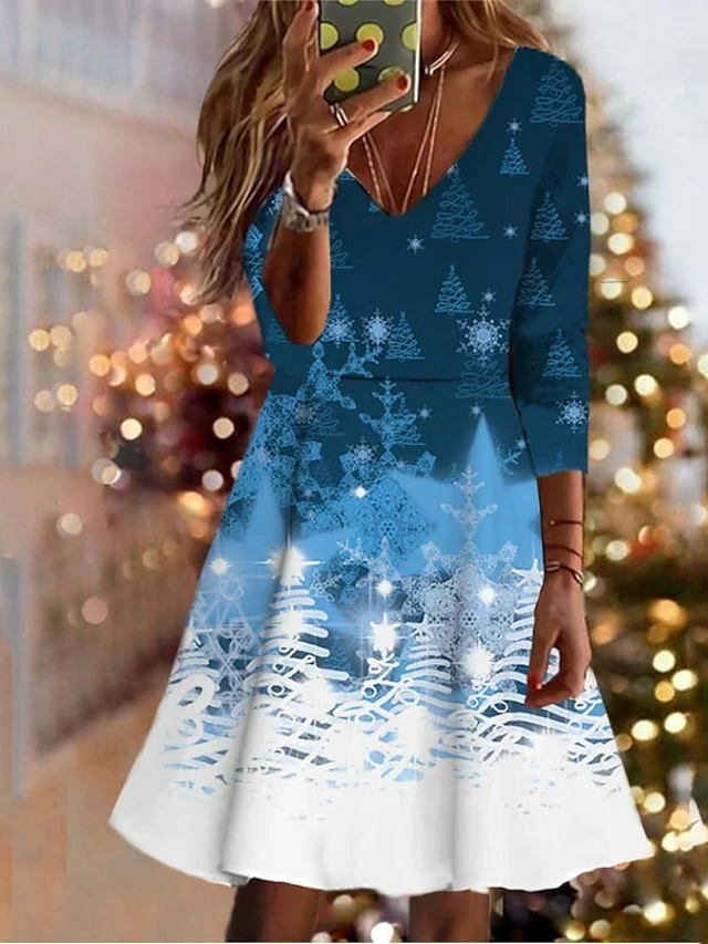 Women's Christmas Swing Dress Vintage Dress Mini Dress Wine Light Red Dark Blue Long Sleeve Deer Patchwork Winter Fall Autumn V Neck Vacation 2022 S M L XL XXL 3XL 4XL 5XL 6XL 5 Women's Christmas Swing Dress Vintage Dress Mini Dress Wine Light Red Dark Blue Long Sleeve Deer Patchwork Winter Fall Autumn V Neck Vacation 2022 S M L XL XXL 3XL 4XL 5XL 6XL - Image 3