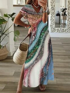 Women's Casual Dress A Line Dress Summer Dress Print Ombre Split Print V Neck Long Dress Maxi Dress Fashion Streetwear Outdoor Daily Short Sleeve Regular Fit Yellow Pink Red Summer Spring S M L XL XXL -LIGHTINTHEBOX Shop omjgue1687336930123