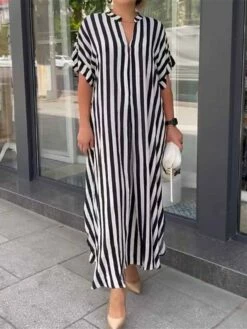 Women's Long Dress Maxi Dress Casual Dress Summer Dress Print Dress Graphic Leaf Striped Fashion Streetwear Outdoor Daily Vacation Split Print Short Sleeve V Neck Dress Loose Fit Black White Red -LIGHTINTHEBOX Shop omttfn1681107702177