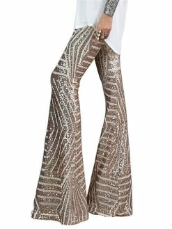 Women's Bootcut Bell Bottom Pants Trousers Full Length Sequins Micro-elastic High Waist Fashion Streetwear Party Street Silver Black Gold S M Summer Fall -LIGHTINTHEBOX Shop onamln1693295361666