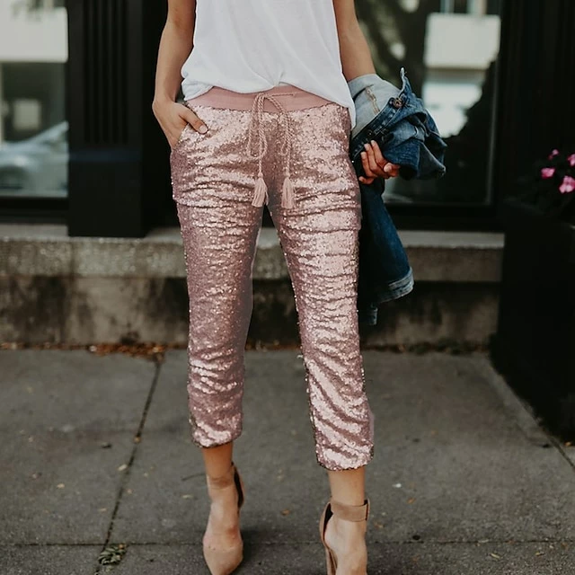 Women's Chinos Pants Trousers Silver Pink Mid Waist Fashion Sparkle Sparkle & Shine Party Weekend Sequins Side Pockets Full Length Comfort Plain S M L XL 3 Women's Chinos Pants Trousers Silver Pink Mid Waist Fashion Sparkle Sparkle & Shine Party Weekend Sequins Side Pockets Full Length Comfort Plain S M L XL