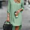 Women's Work Dress Sheath Dress Semi Formal Dress Fashion Midi Dress Button Asymmetrical V Neck Long Sleeve Plain Regular Fit Green Fall Winter S M L XL XXL -LIGHTINTHEBOX Shop oohwuf1692079679680