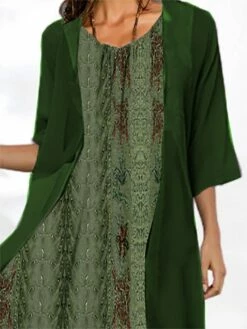 Women's Two Piece Dress Set Casual Dress Daily Vacation Modern Casual Print Midi Dress Crew Neck Half Sleeve Graphic Floral Loose Fit White Dark Green Summer Spring S M L XL XXL -LIGHTINTHEBOX Shop ooofkv1685013648050