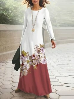 Women's T Shirt Dress Casual Dress Winter Dress Floral Print Crew Neck Long Dress Maxi Dress Fashion Streetwear Outdoor Street Long Sleeve Regular Fit White Yellow Red Spring Fall S M L XL XXL