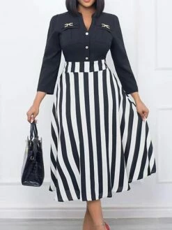 Women's Work Dress Swing Dress Semi Formal Dress Fashion Midi Dress Button Fake Two Piece V Neck Long Sleeve Stripe Regular Fit Black Fall Winter L XL XXL -LIGHTINTHEBOX Shop opgnrx1693374218184