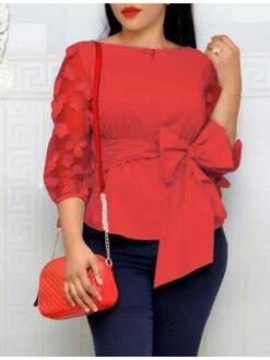 Women's Shirt Blouse Solid Color Lace Bow 3/4 Length Sleeve Work Daily Vintage Fashion Elegant Crew Neck Regular Fit Spring Fall -LIGHTINTHEBOX Shop opqkce1622704607123