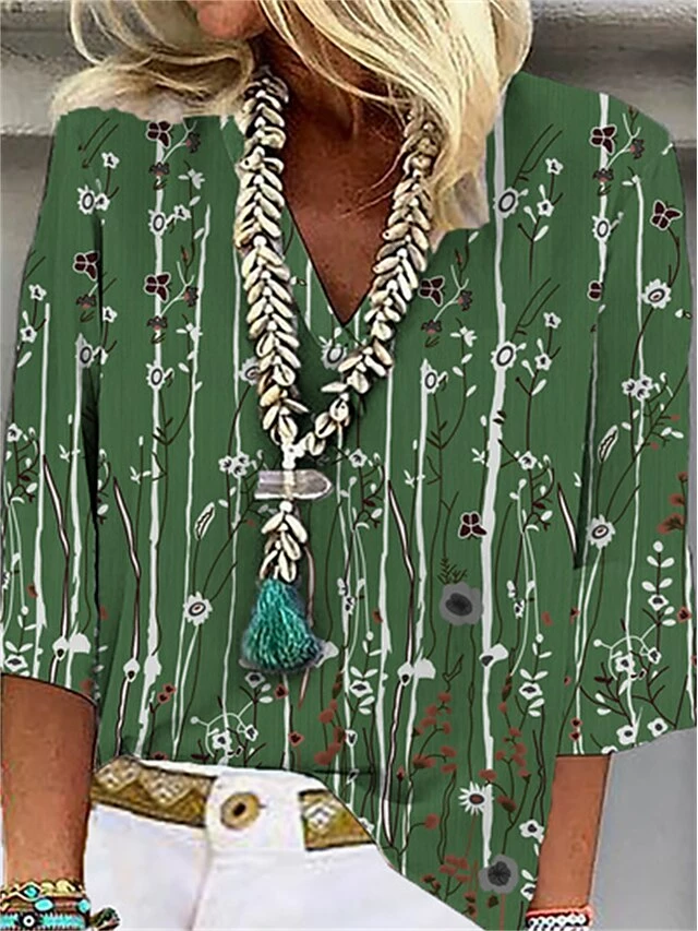 Women's Shirt Blouse White Green Floral Print 3/4 Length Sleeve Casual Holiday Fashion Basic Elegant V Neck Regular Fit Floral 7 Women's Shirt Blouse White Green Floral Print 3/4 Length Sleeve Casual Holiday Fashion Basic Elegant V Neck Regular Fit Floral - Image 5