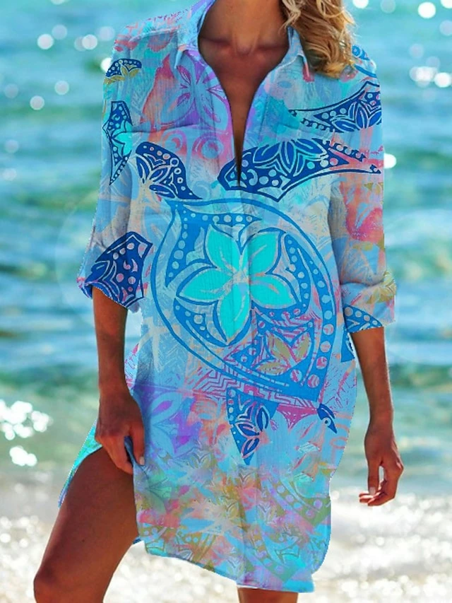 Women's Shirt Dress Casual Dress Shift Dress Mini Dress Daily Holiday Polyester Vacation Hot Shirt Collar Print Long Sleeve Summer Fall Spring 2023 Loose Fit Red Blue Green Rainbow Print 4 Women's Shirt Dress Casual Dress Shift Dress Mini Dress Daily Holiday Polyester Vacation Hot Shirt Collar Print Long Sleeve Summer Fall Spring 2023 Loose Fit Red Blue Green Rainbow Print - Image 2