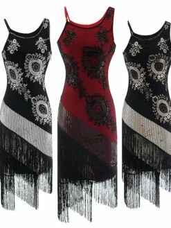 Women's Retro 1920s Fringe Dress Midi Dress Party Halloween Sequins Tassel Fringe Floral Spaghetti Strap Sleeveless Regular Fit Spring Fall 2023 Silver Red S M L XL