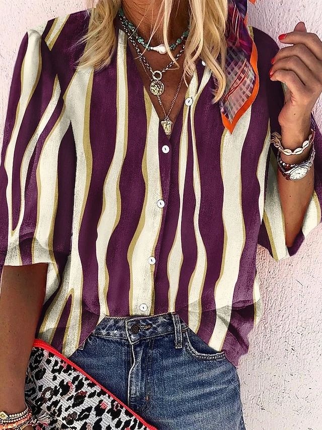 Women's Shirt Blouse Black Blue Purple Striped Button Print Long Sleeve Daily Weekend Streetwear Casual V Neck Regular Fit Spring Fall 5 Women's Shirt Blouse Black Blue Purple Striped Button Print Long Sleeve Daily Weekend Streetwear Casual V Neck Regular Fit Spring Fall - Image 3