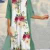 Women's Two Piece Dress Set Casual Dress Print Dress Outdoor Daily Fashion Elegant Print Midi Dress Crew Neck 3/4 Length Sleeve Floral Loose Fit Green Summer Spring S M L XL XXL -LIGHTINTHEBOX Shop orlrkd1688033628380