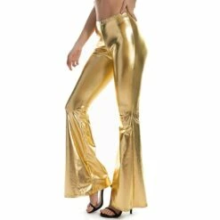 Women's Bootcut Flared Pants Bell Bottom Full Length Stretchy Mid Waist Fashion Metallic Party Casual Silver Black S M Summer Spring &Fall