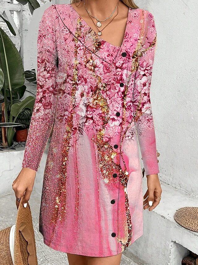 Women's Casual Dress A Line Dress Print Dress Floral Print Button Print V Neck Midi Dress Active Fashion Outdoor Daily Long Sleeve Regular Fit Pink Blue Spring Fall S M L XL XXL 5 Women's Casual Dress A Line Dress Print Dress Floral Print Button Print V Neck Midi Dress Active Fashion Outdoor Daily Long Sleeve Regular Fit Pink Blue Spring Fall S M L XL XXL - Image 3