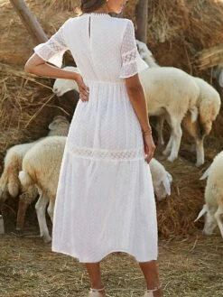 Women's Long Dress Maxi Dress Party Dress Casual Dress Sundress Pure Color Basic Casual Outdoor Daily Vacation Lace Patchwork Half Sleeve V Neck Dress Loose Fit White Summer Spring S M L XL XXL -LIGHTINTHEBOX Shop otajhj1678356610164