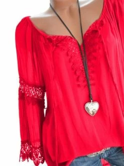 Women's Plus Size Shirt Going Out Tops Blouse Concert Tops Black White Red Geometric Color Block Sexy Lace Fashion Hollow Long Sleeve Daily V Neck Regular Fit Summer Spring Fall -LIGHTINTHEBOX Shop otjpdd1678699033668