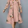 Women's Plus Size Two Piece Dress Set Casual Dress Swing Dress Outdoor Office Fashion Streetwear Print Midi Dress Crew Neck 3/4 Length Sleeve Floral Regular Fit Pink Blue Khaki Fall Winter L XL XXL