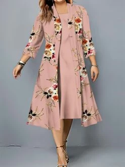 Women's Plus Size Two Piece Dress Set Casual Dress Swing Dress Outdoor Office Fashion Streetwear Print Midi Dress Crew Neck 3/4 Length Sleeve Floral Regular Fit Pink Blue Khaki Fall Winter L XL XXL