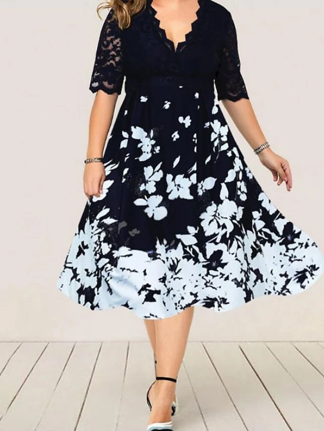 Women‘s Plus Size Curve Party Dress Floral V Neck Lace Half Sleeve Fall Spring Work Vintage Midi Dress Daily Vacation Dress Homecoming Dress Print 6 Women‘s Plus Size Curve Party Dress Floral V Neck Lace Half Sleeve Fall Spring Work Vintage Midi Dress Daily Vacation Dress Homecoming Dress Print - Image 4