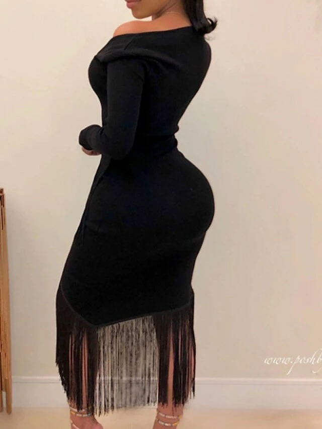 Women‘s Party Dress Wedding Guest Dress Fringe Dress Bodycon Midi Dress Black White Red Long Sleeve Pure Color Tassel Fringe Spring Fall Winter V Neck Fashion Winter Dress Vacation 2022 S M L XL XXL 13 Women‘s Party Dress Wedding Guest Dress Fringe Dress Bodycon Midi Dress Black White Red Long Sleeve Pure Color Tassel Fringe Spring Fall Winter V Neck Fashion Winter Dress Vacation 2022 S M L XL XXL - Image 11