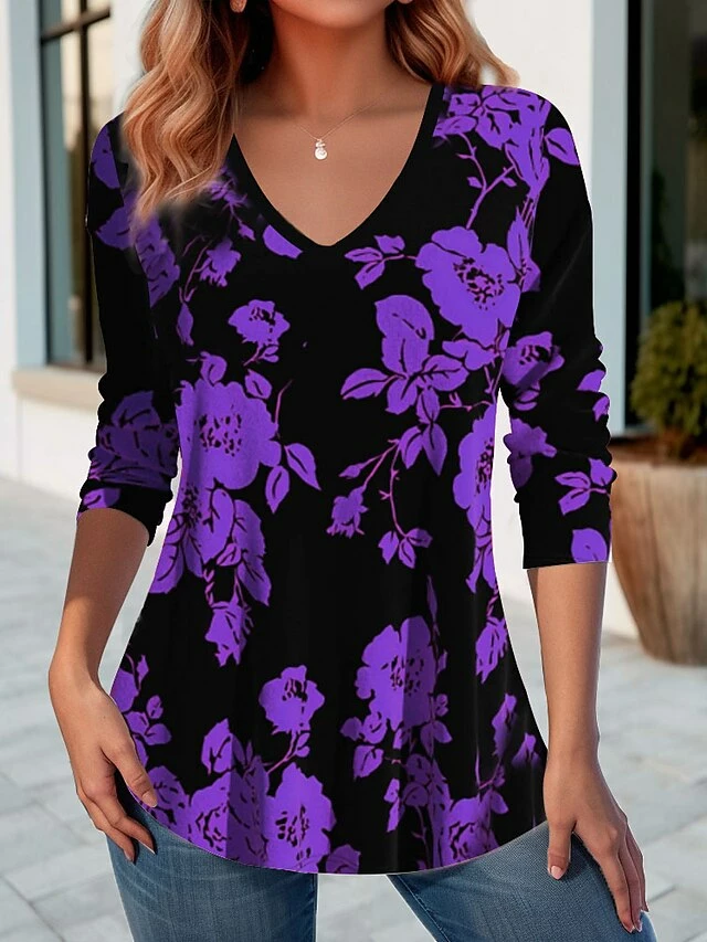 Women's Designer Shirt T Shirt Tee Yellow Pink Blue Floral Print Long Sleeve Holiday Weekend Fashion V Neck Regular Fit Floral Painting Spring &Fall 5 Women's Designer Shirt T Shirt Tee Yellow Pink Blue Floral Print Long Sleeve Holiday Weekend Fashion V Neck Regular Fit Floral Painting Spring &Fall - Image 3