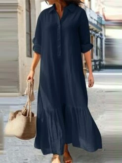 Women's Casual Dress Cotton Dress Swing Dress Maxi Long Dress Cotton Basic Classic Outdoor Daily Vacation Shirt Collar Ruched Button Long Sleeve Spring Fall Winter 2023 Loose Fit Blue Green Khaki -LIGHTINTHEBOX Shop oufhyy1695283866096
