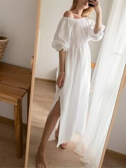 Women's Casual Dress Cotton Linen Dress White Dress Maxi Long Dress Linen / Cotton Blend Basic Classic Outdoor Daily Vacation Off Shoulder Backless Split Half Sleeve Summer Spring Fall 2023 Loose Fit