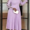 Women's Plus Size Curve Party Dress Work Dress Swing Dress Plain Midi Dress Long Sleeve Pleated Cut Out V Neck Fashion Party Purple Fall Winter XL XXL 3XL 4XL