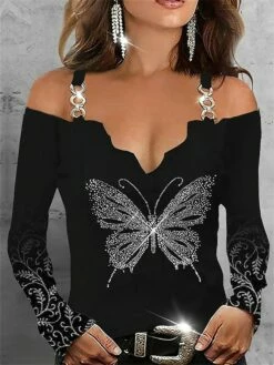 Women's Shirt Going Out Tops Blouse Concert Tops Black Butterfly Off Shoulder Cut Out Long Sleeve Casual Weekend Basic V Neck Regular Fit Butterfly Cold Shoulder Spring Fall